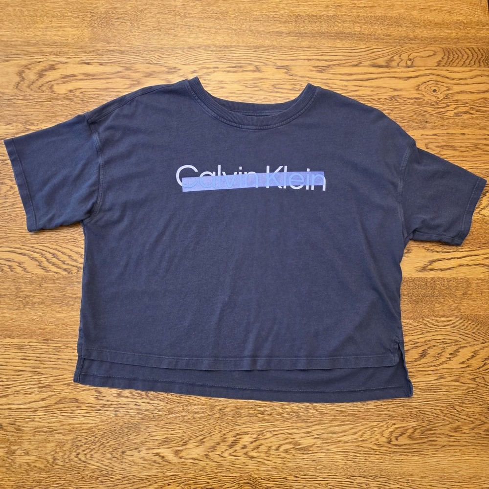 Calvin Klein Small Crop Top Tee Tshirt Womens Blue with Logo‎ Short Sleeve